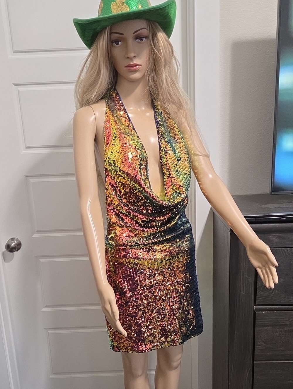 SHEIN Rainbow Sequin Halter Cowl Mini Dress